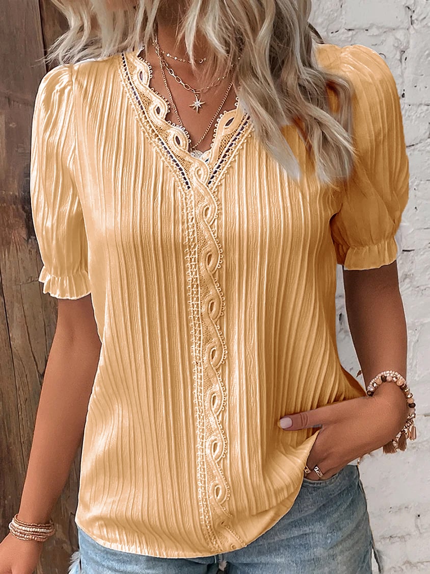 Elis™ V Neck Plain Lace Elegant Shirt