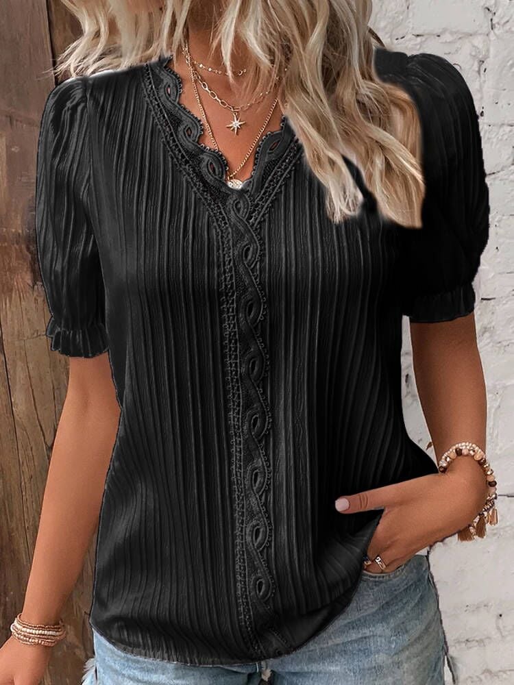 Elis™ V Neck Plain Lace Elegant Shirt